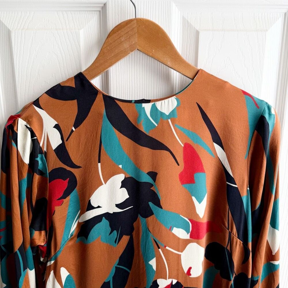 CHRISTY LYNN Silk Floral Dress Size Medium Drop Waist Luxury Brown Red Teal - Picture 6 of 16